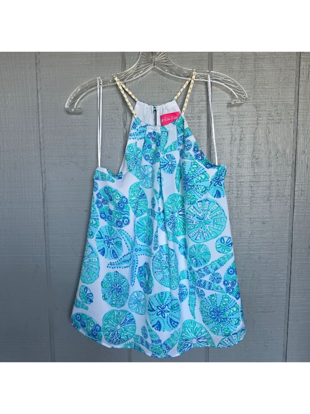 Lilly Pulitzer Halter Top Blue Aqua Sea Life Print Gold Trim Coastal Resort. S